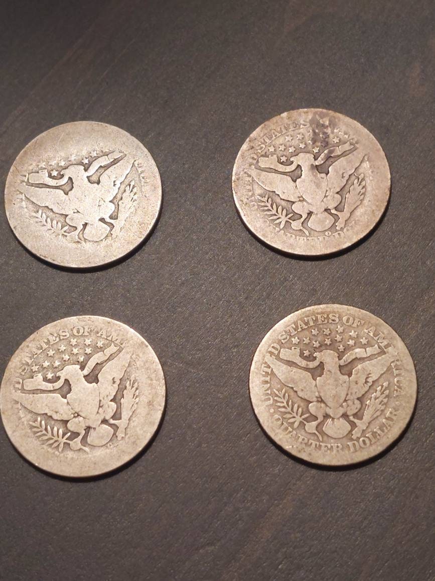 4 barber silver quarter dollar coins, antique circulated American coin collecting, bundle lot