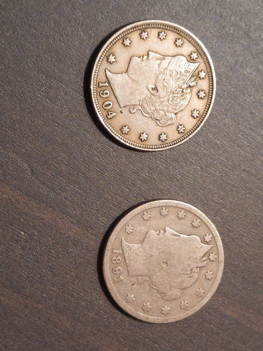 1891 and 1904 v nickel coin set, 1891 semi key date and 1904 in very fine plus condition, priced to sell, antique American coins