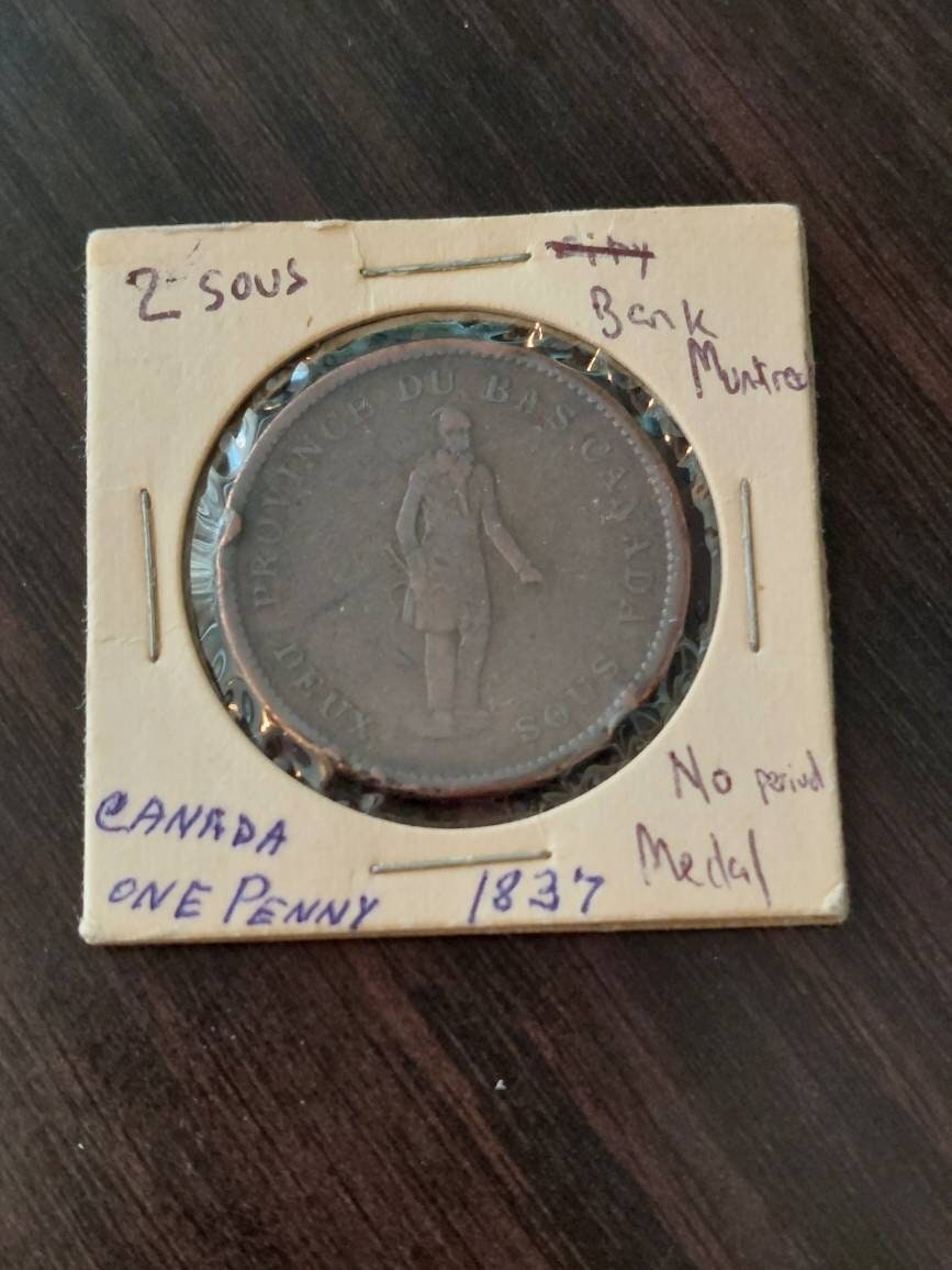 1837 bank of Montreal copper one penny token coin, rare no period variety, early Canada large cent