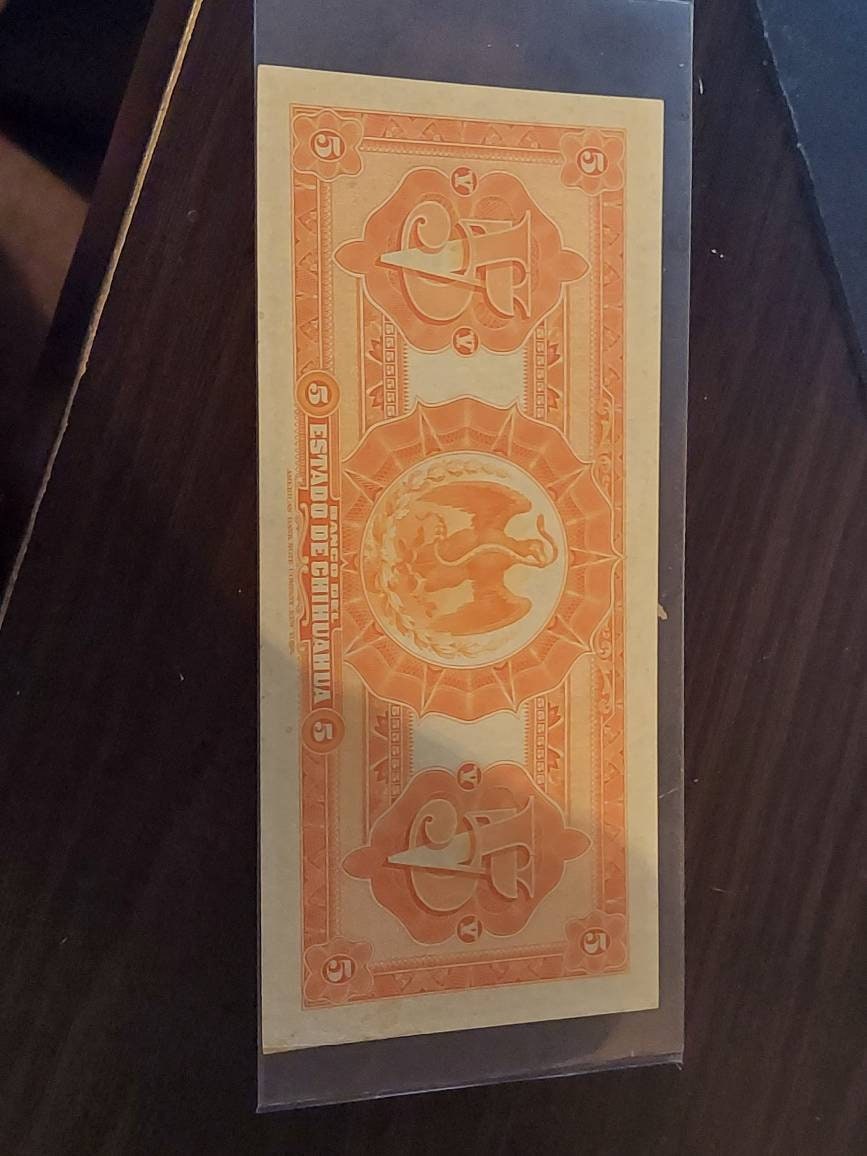 Authentic Mexican state of chihuahua,  1913 5 pesos bank note, crisp uncirculated foreign currency note