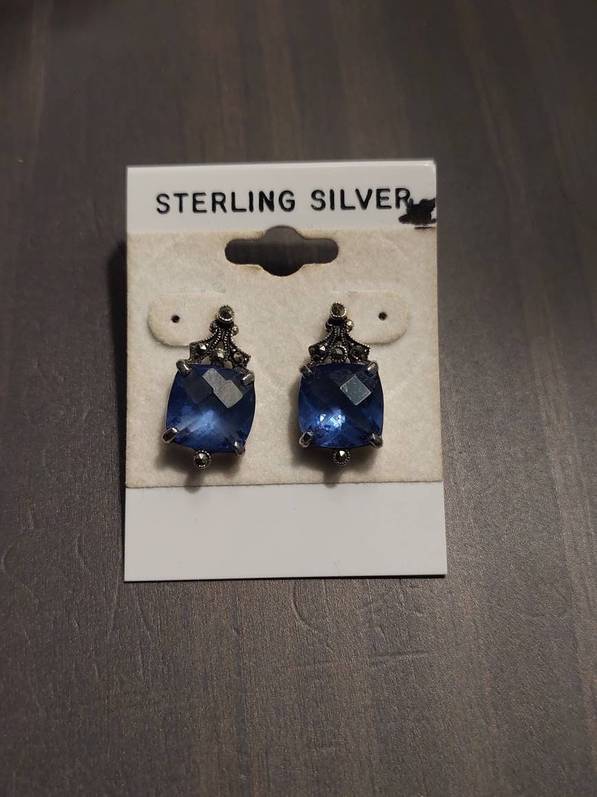 Sexy stud vintage sterling silver women's fashion earrings with blue crystal stone, gifts for her