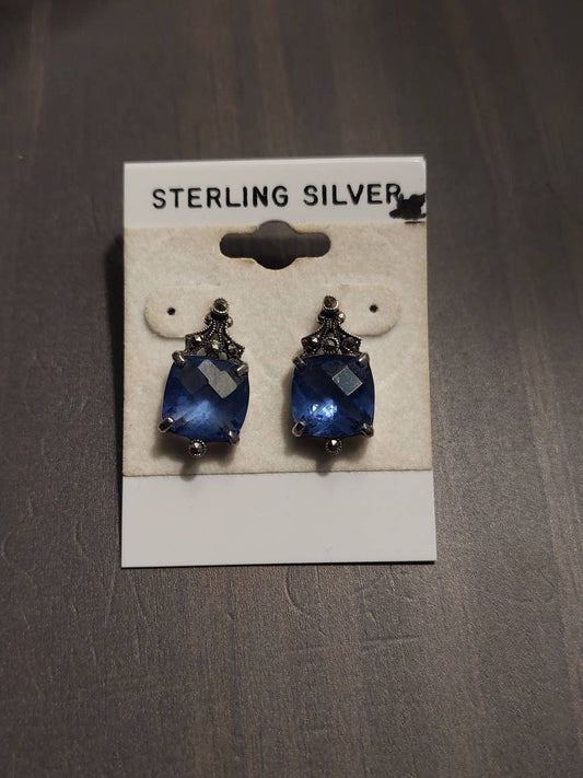 Sexy stud vintage sterling silver women's fashion earrings with blue crystal stone, gifts for her
