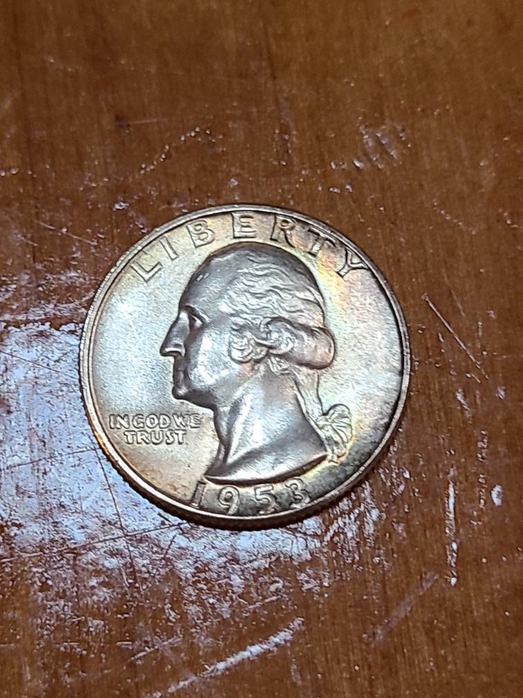 1953 Washington silver quarter dollar, brilliant uncirculated and toned, better date American coin