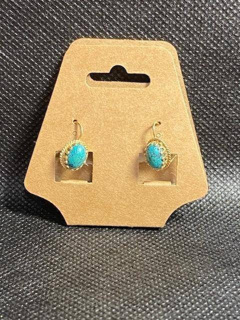 Vintage 14k yellow gold drop earrings with delicate center turquoise stones, gifts for her