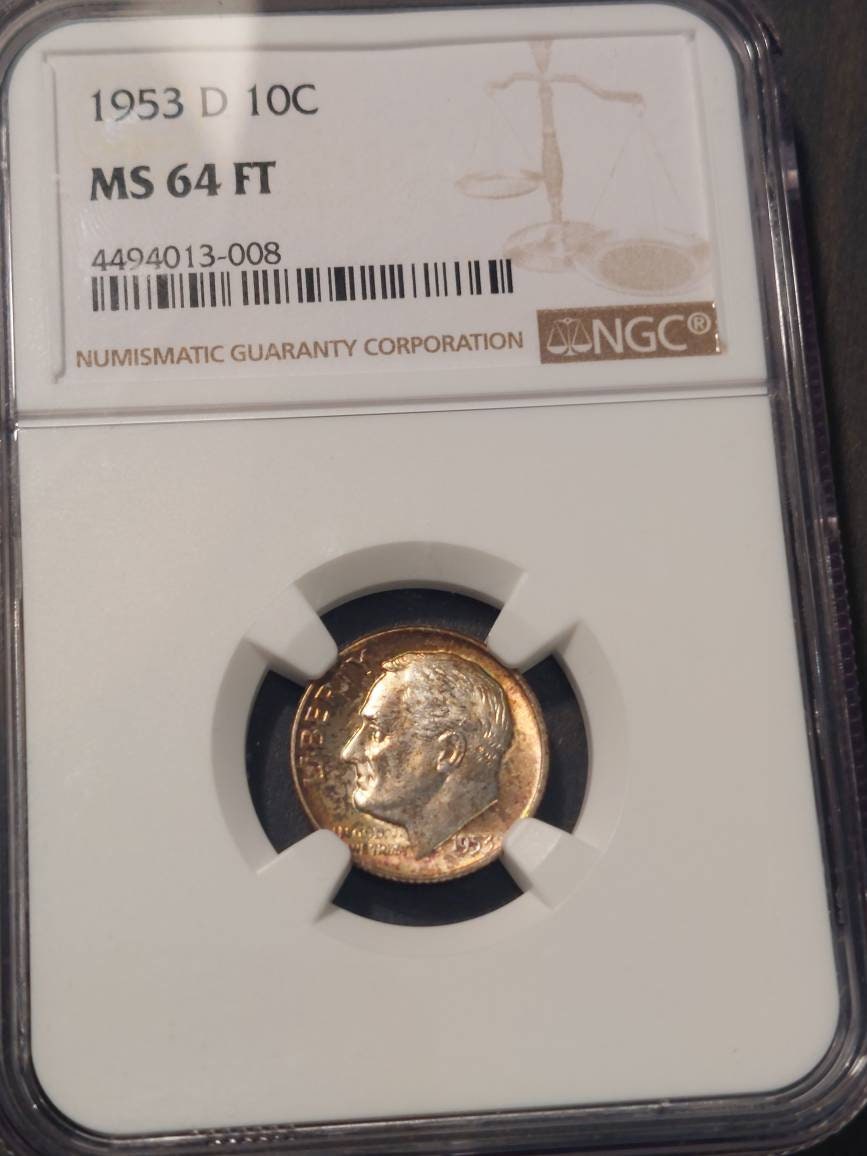 1953d Roosevelt silver dime, ngc graded ms64 full torch, beautiful toned vintage American coin