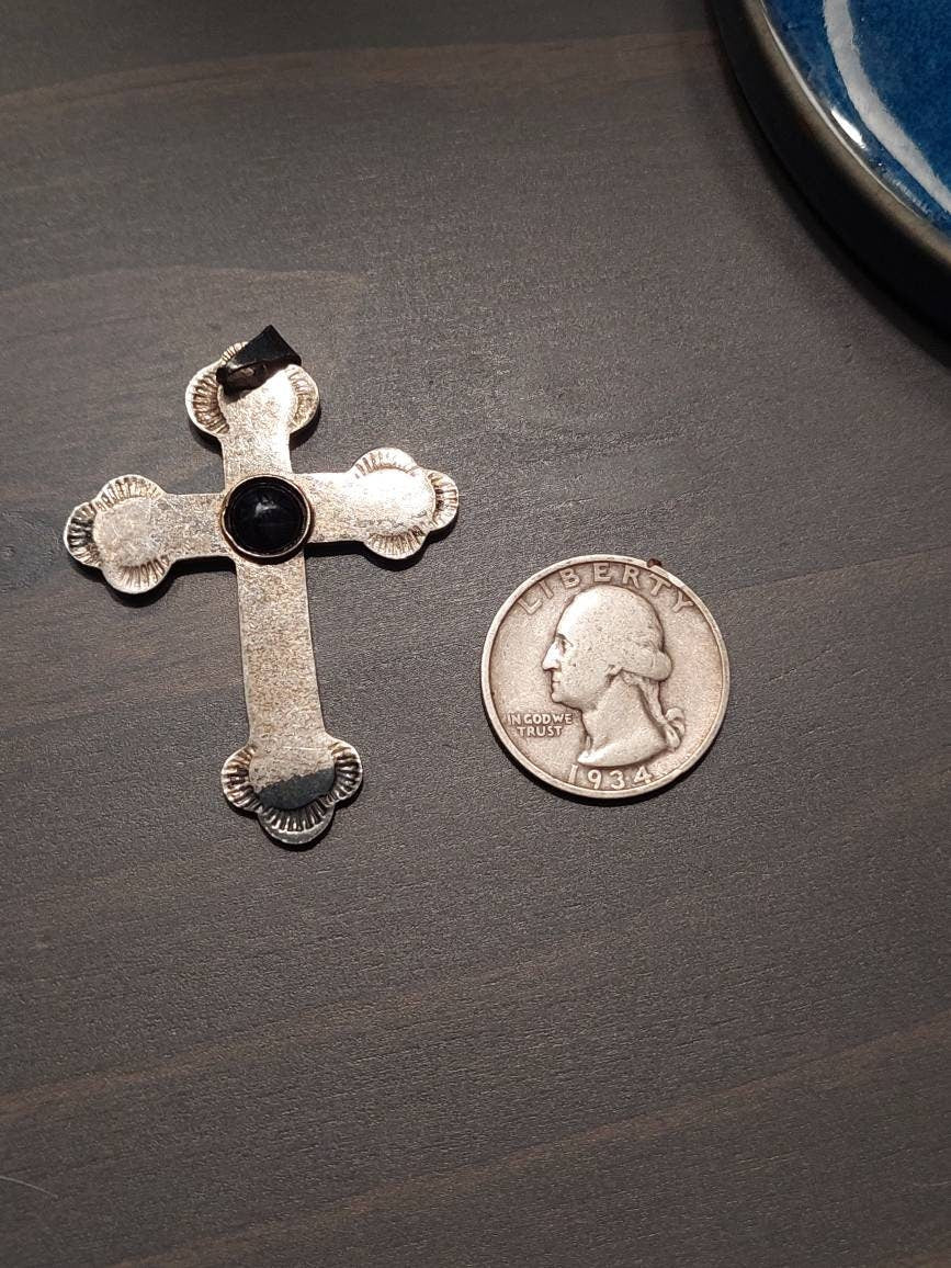 Southwestern style sterling silver cross pendant with black onyx center stone, unique unisex silver charm