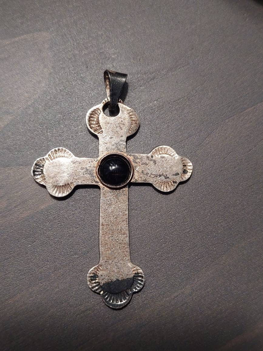 Southwestern style sterling silver cross pendant with black onyx center stone, unique unisex silver charm