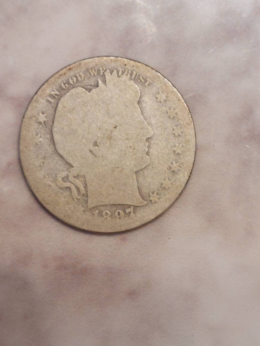 1897s key date barber silver quarter,  key date rare us coin, problem free about good