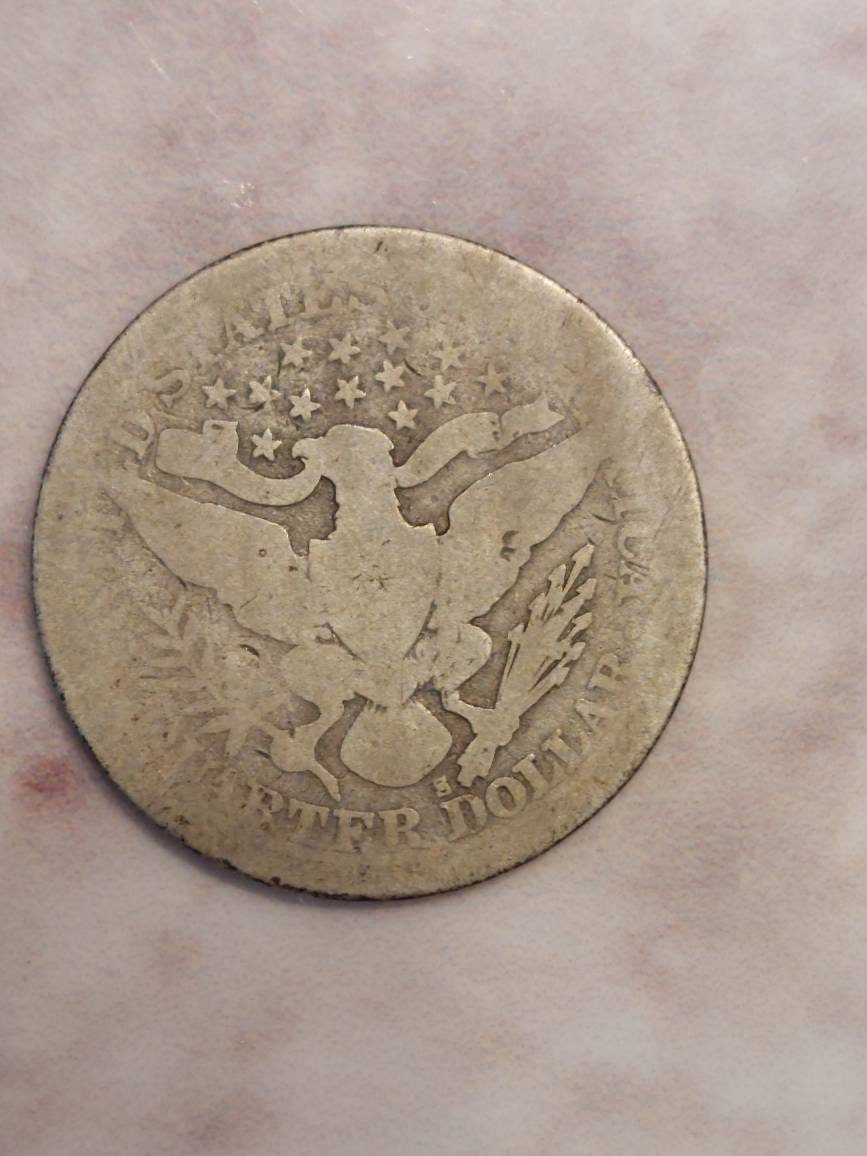 1897s key date barber silver quarter,  key date rare us coin, problem free about good