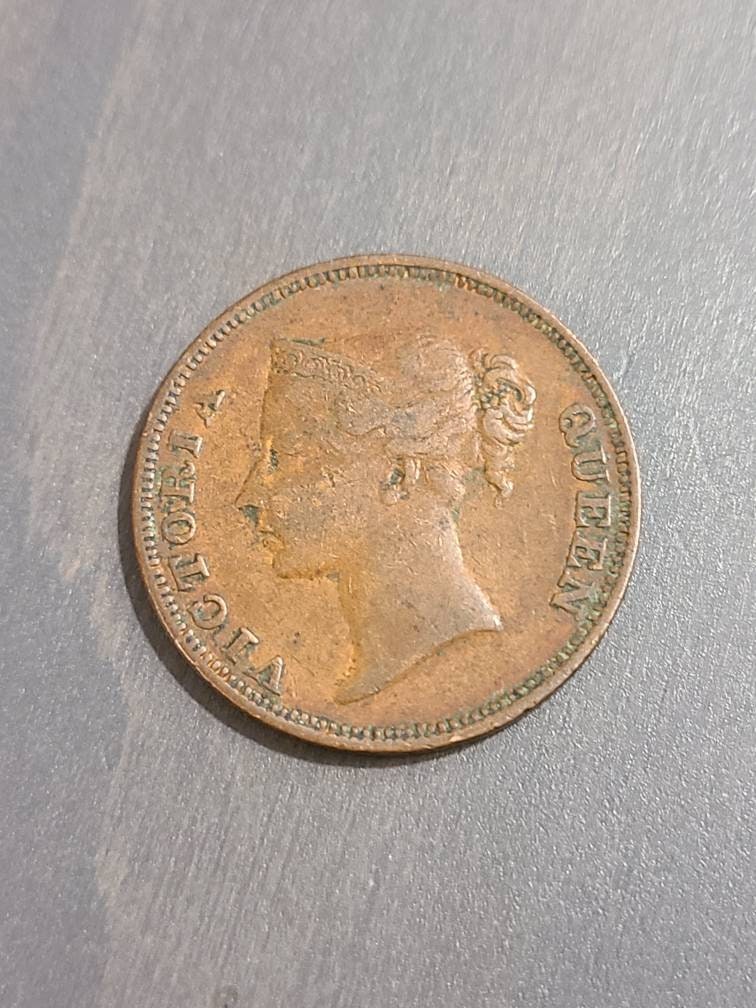 1845 east India company, straight settlement, rare queen Victoria one penny coin