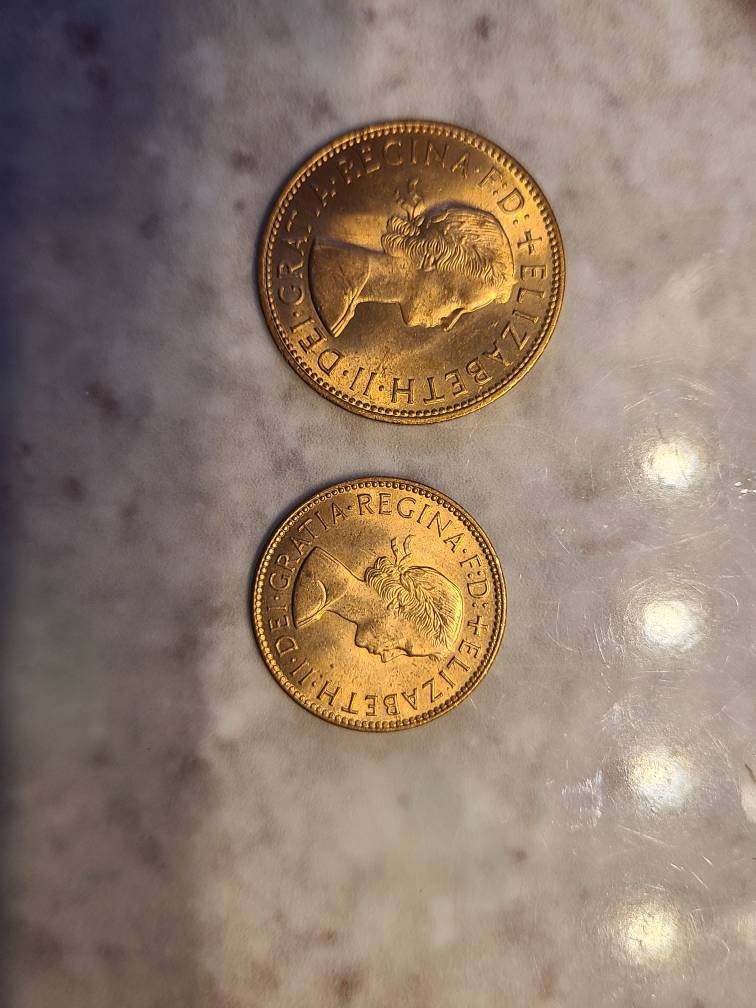 1967 british penny and half penny duo, both gem red uncirculated coins, like new vintage English coins