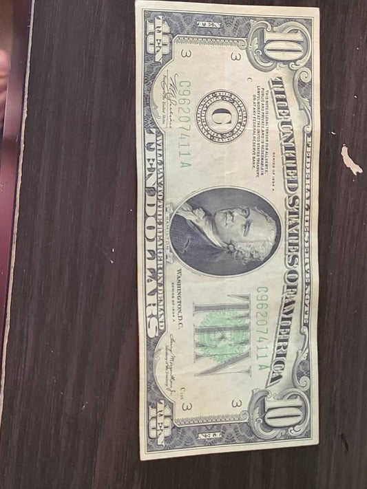 1934a lime green seal 10 dollar bill, antique us currency, nice condition paper money