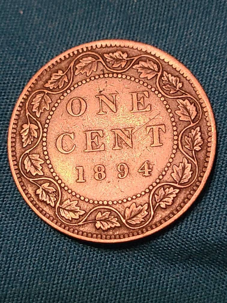 1894 Canadian large cent coin, better date queen Victoria large cent