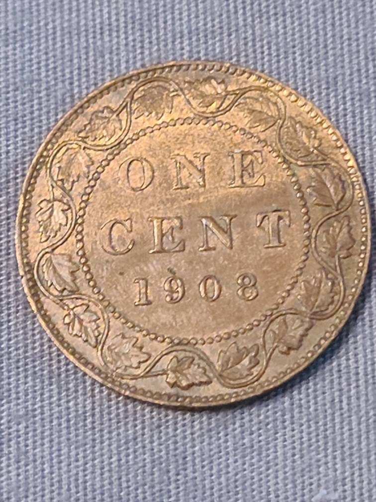 1908 canada large cent coin, better date king Edward coin, AU/unc coin with ample red