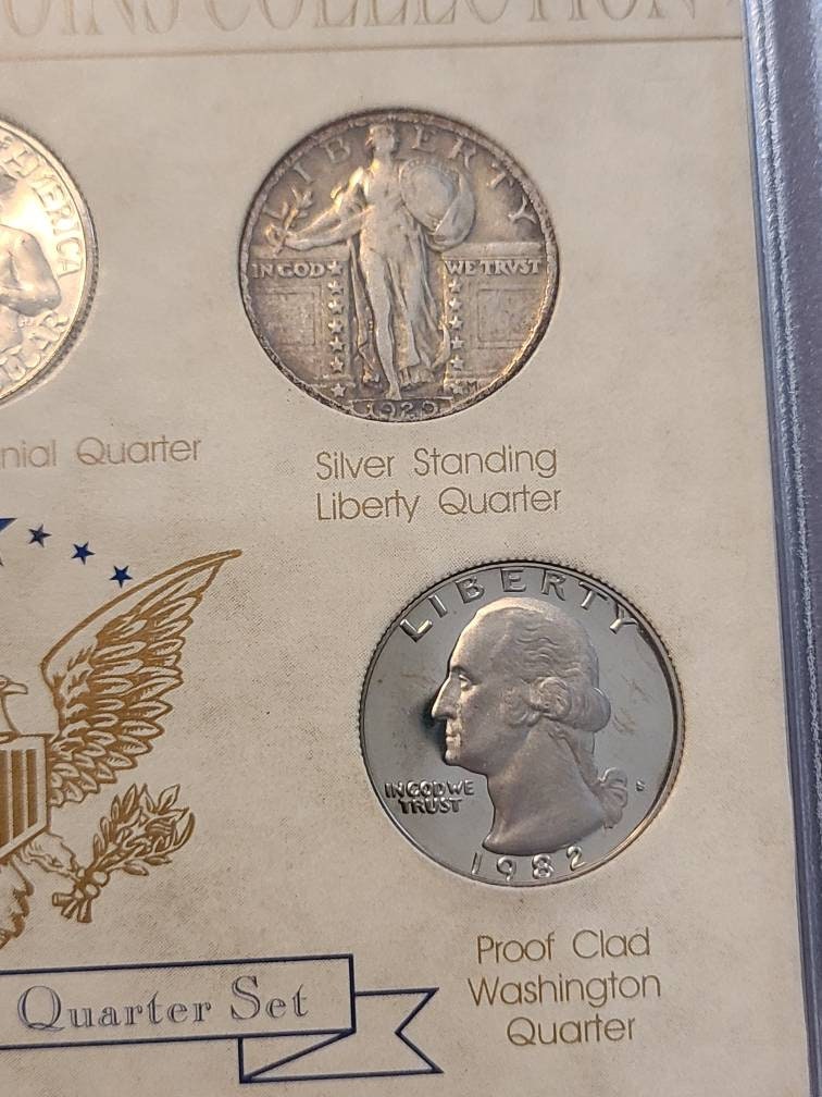 History of us quarters set, very nice 5 coin collectors group, barber, standing liberty, and Washington