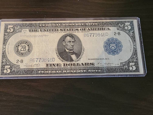 1914 federal reserve large size 5 dollar bill, attractive midgrade desirable 100+ year old antique American currency