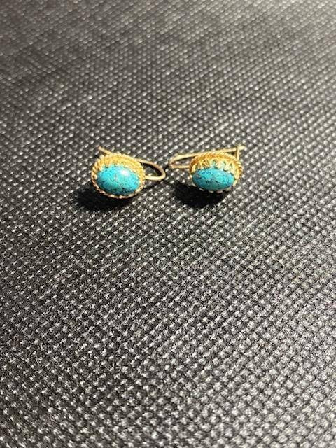 Vintage 14k yellow gold drop earrings with delicate center turquoise stones, gifts for her
