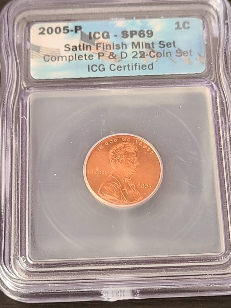 Two satin finish special proof Lincoln wheat cent coins, 2005p and 2005d low mintage coins, icg graded sp69 and 1955s ms65red