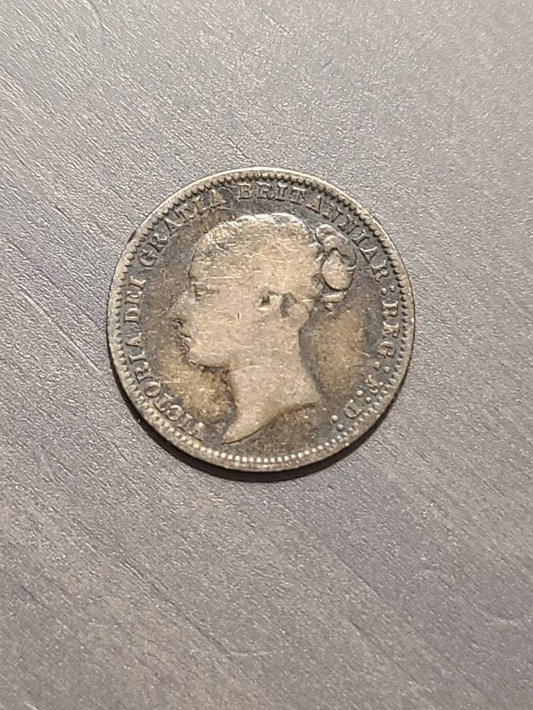 1877 sixpence coin, queen Victoria british coin, die 8 variety