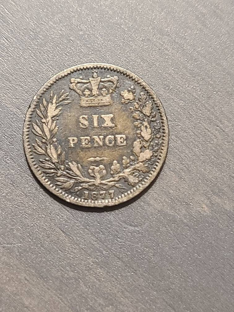 1877 sixpence coin, queen Victoria british coin, die 8 variety