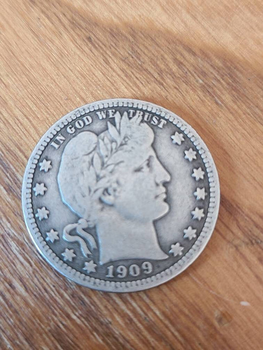 1909 barber silver quarter, very good condition,  90 percent silver coin