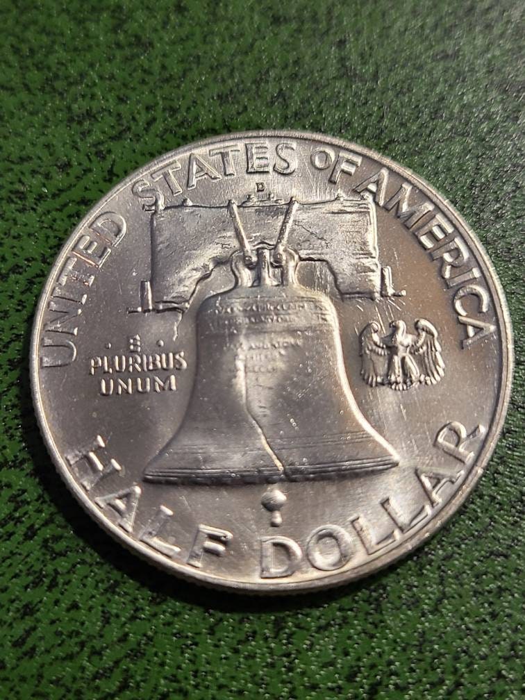 Uncirculated Ben Franklin half dollars, one random mint state 1950s or 1960s brilliant silver half dollar coin, gifts for him