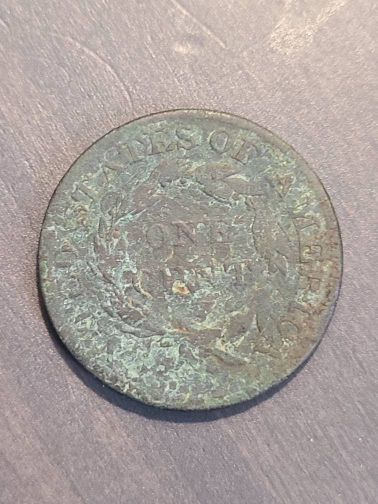 1826 American antique large cent coin, early American penny, good details but corroded