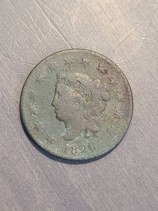 1826 American antique large cent coin, early American penny, good details but corroded