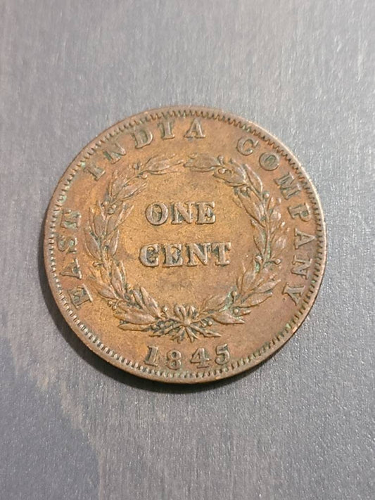 1845 east India company, straight settlement, rare queen Victoria one penny coin