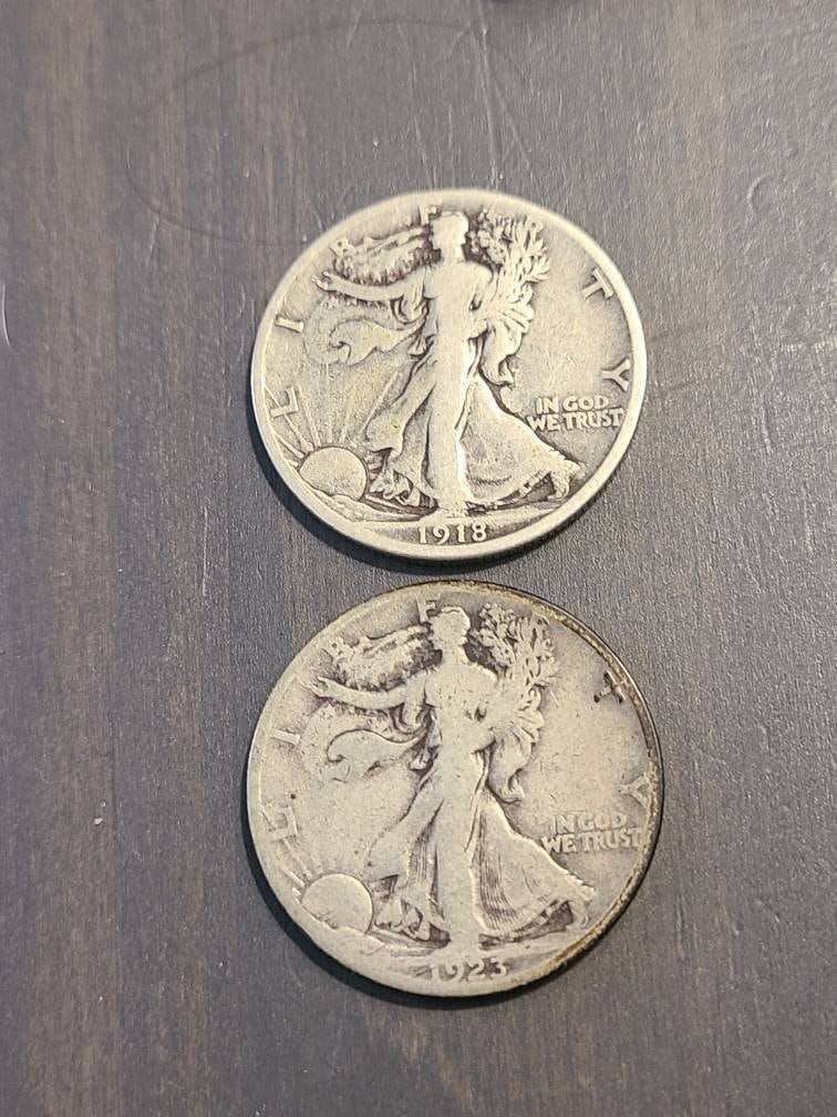 2x better date walking liberty silver half dollars, 1918s and 1923s, low mintage early 90 percent silver American coins