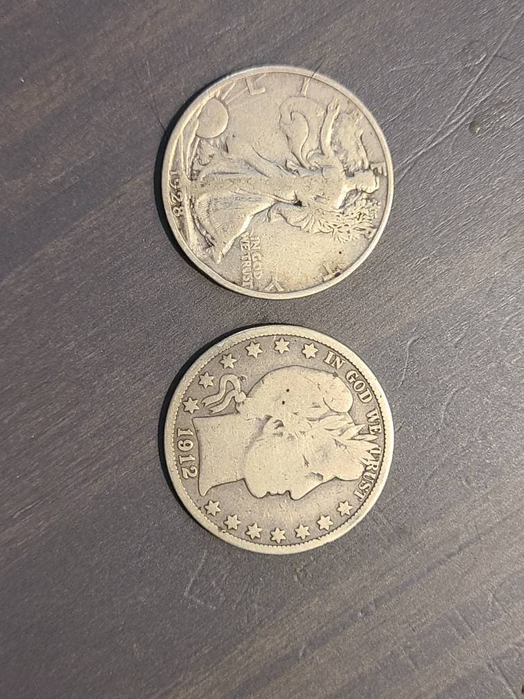 Two better antique American silver half dollars, 1912 barber and low mintage 1928s walking liberty coins