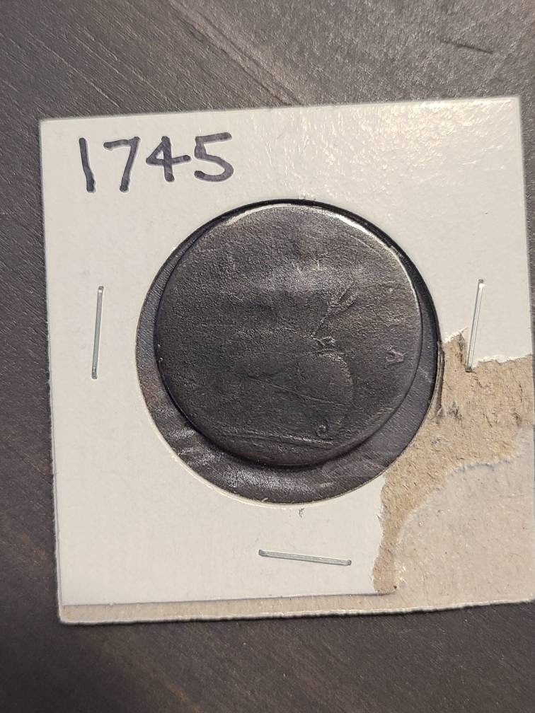 1745 colonial Era british half penny coin, antique king george copper cent