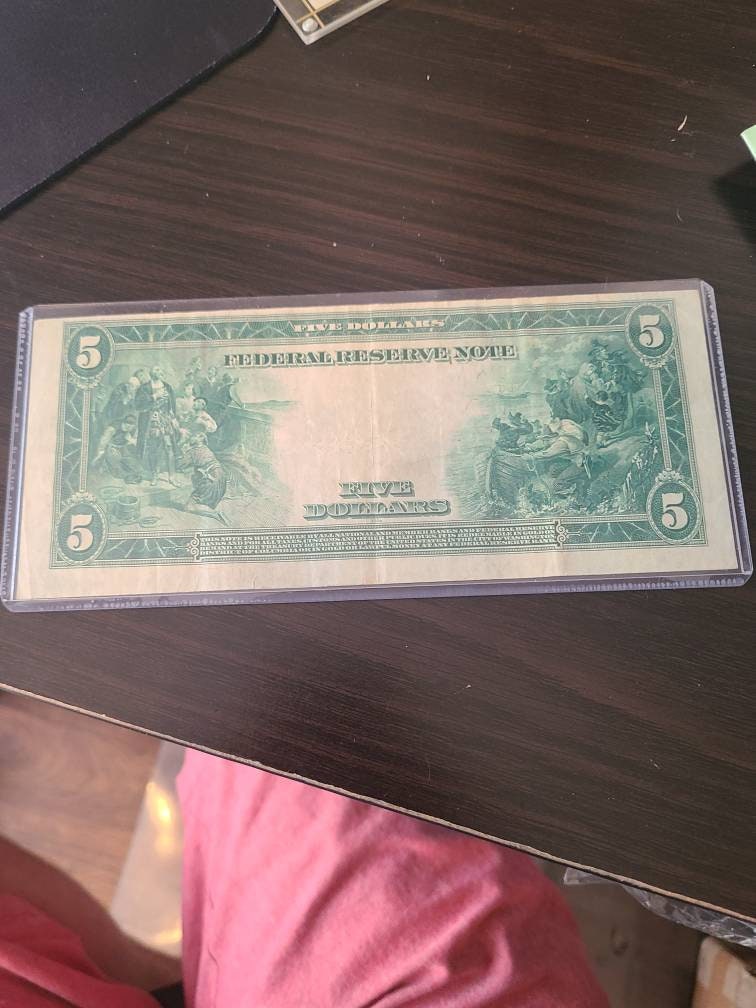 1914 federal reserve large size 5 dollar bill, attractive midgrade desirable 100+ year old antique American currency