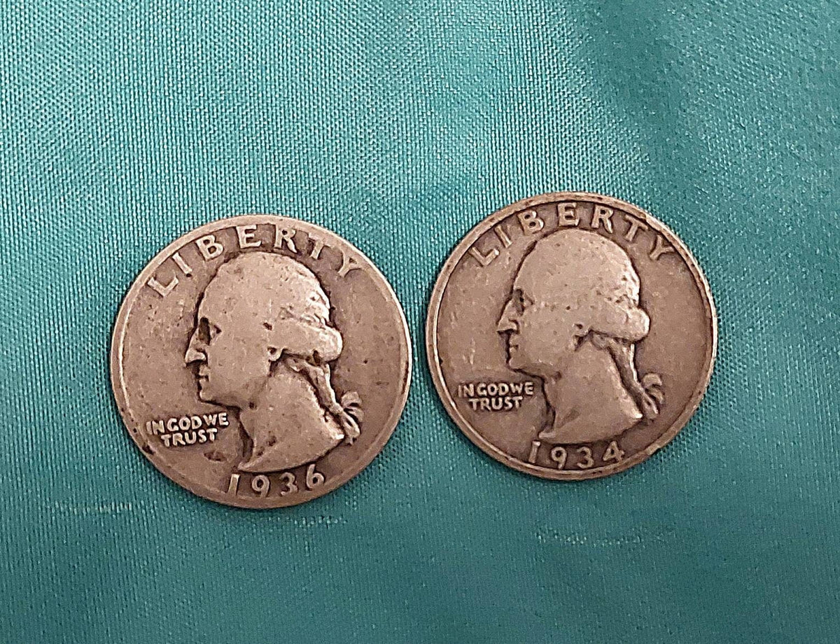 1934d and 1936d silver Washington quarters, two early low mintage 90 percent silver coins, coin collecting