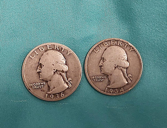 1934d and 1936d silver Washington quarters, two early low mintage 90 percent silver coins, coin collecting