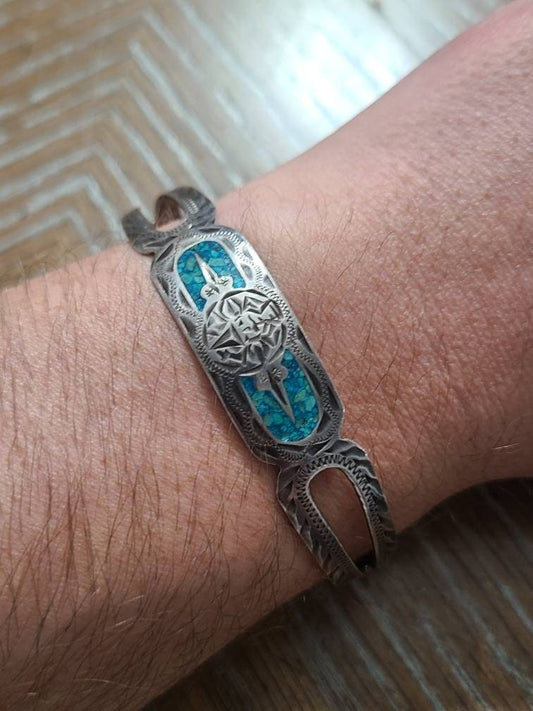 Artisan sterling silver, Mexican handmade southwestern cuff bracelet,  with turquoise inlay.