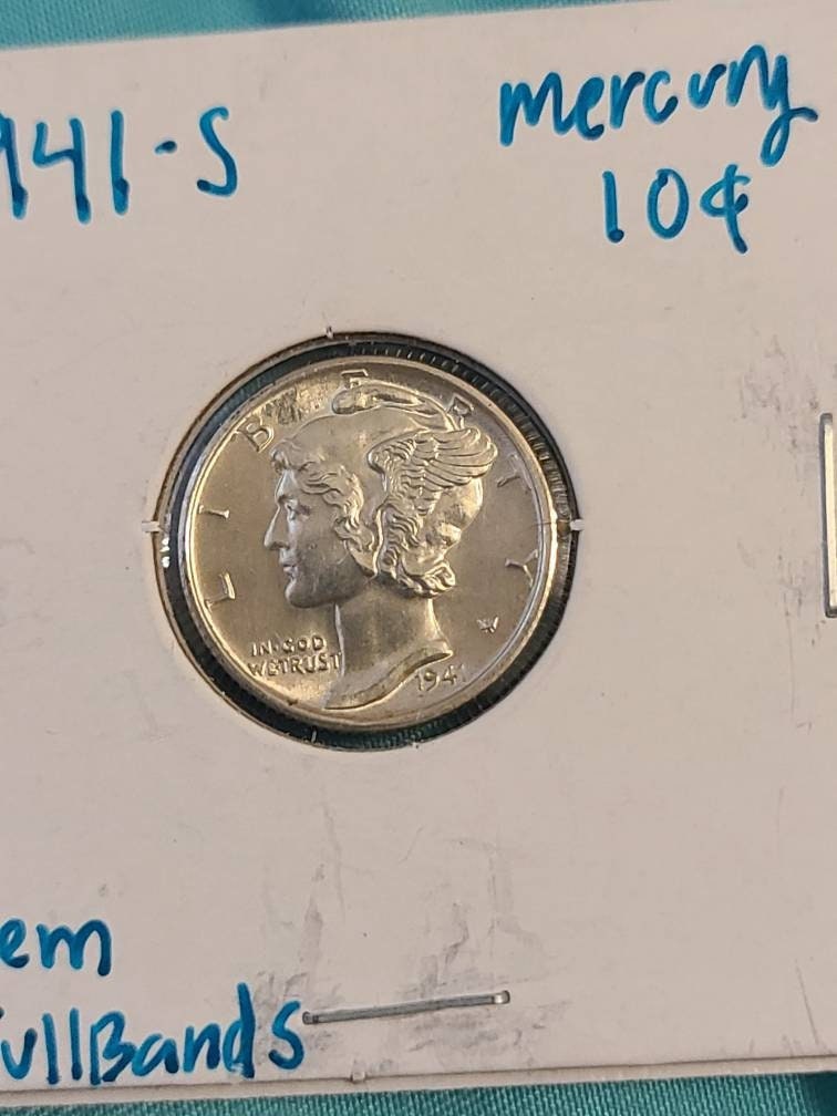 1941s gem uncirculated mercury dime, beautiful coin full split bands, 90 percent silver