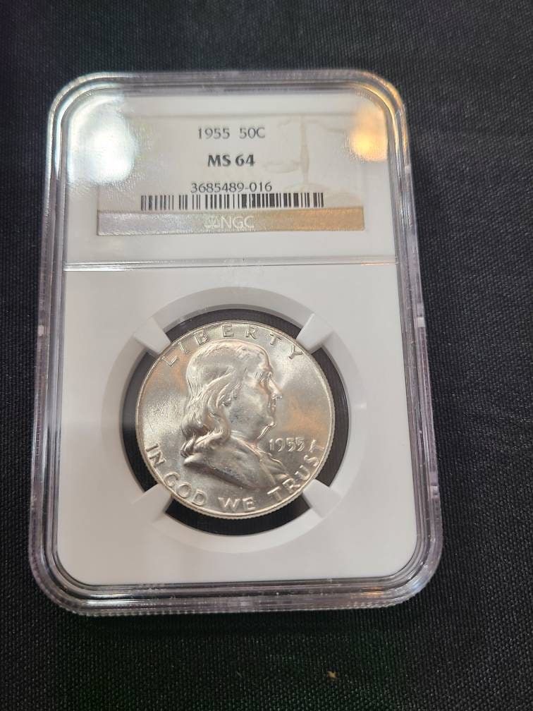 1955 Ben Franklin key date half dollar, ngc ms64, looks better, very close to full bell lines!