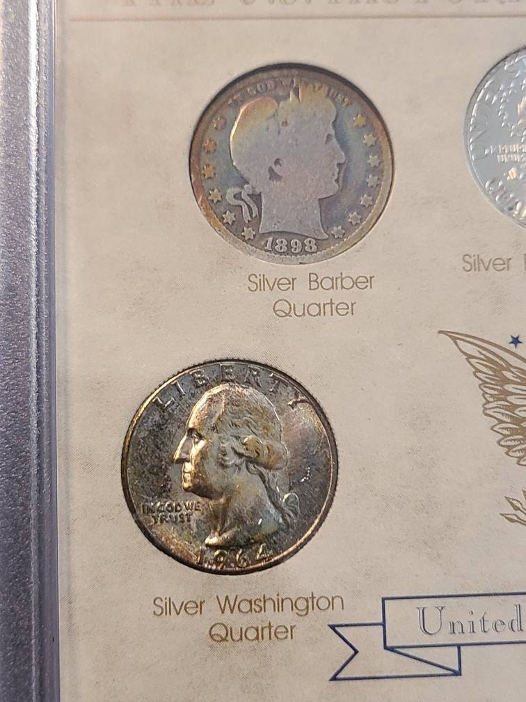 History of us quarters set, very nice 5 coin collectors group, barber, standing liberty, and Washington