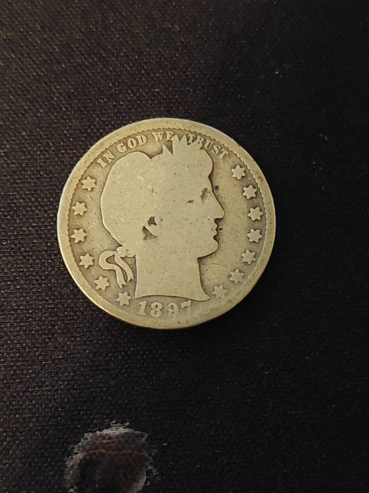 1897 barber silver quarter,  antique American 25 cent piece