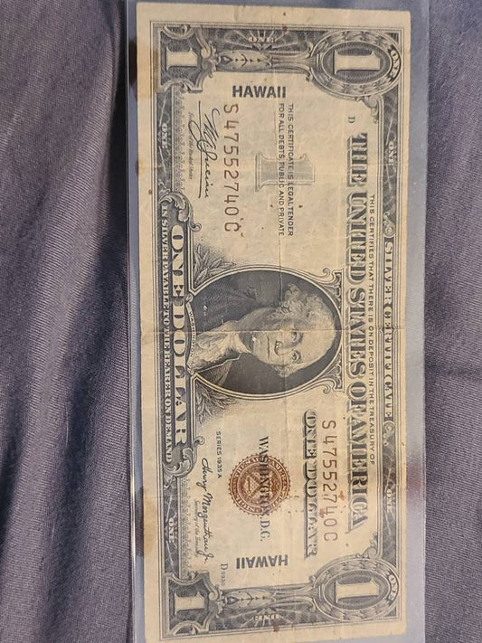 1935a high grade one dollar hawaii silver certificate,  sc block, antique American currency