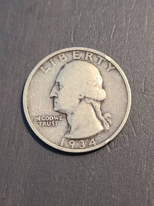 1934d Washington silver quarter, semi key date, old American coin, 90 percent silver
