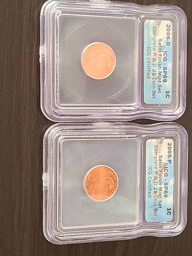 Two satin finish special proof Lincoln wheat cent coins, 2005p and 2005d low mintage coins, icg graded sp69 and 1955s ms65red