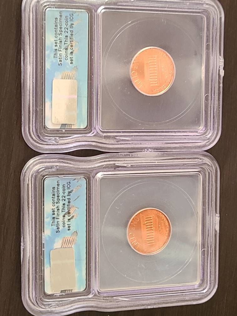 Two satin finish special proof Lincoln wheat cent coins, 2005p and 2005d low mintage coins, icg graded sp69 and 1955s ms65red