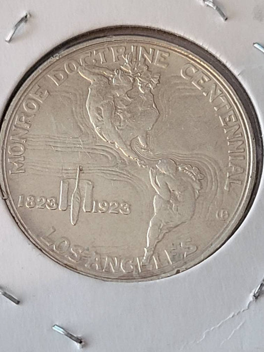 1923s Monroe silver commemorative half dollar coin, rare 100 year old Monroe doctrine coin, almost uncirculated condition