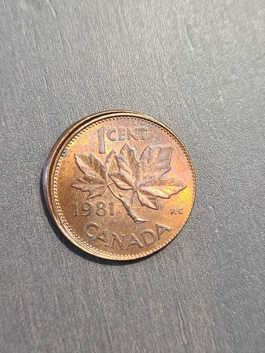 1981 copper Canadian penny, mint error broadstruck/off center strike, rare foreign coins