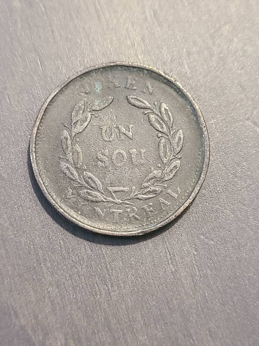 1838 rare lower canada commercial token, un sou bouquet,  antique world coin collecting
