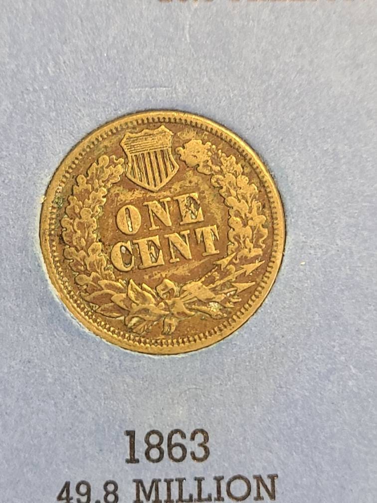 1863 indian head penny coin, authentic civil war date indian cent, very nice