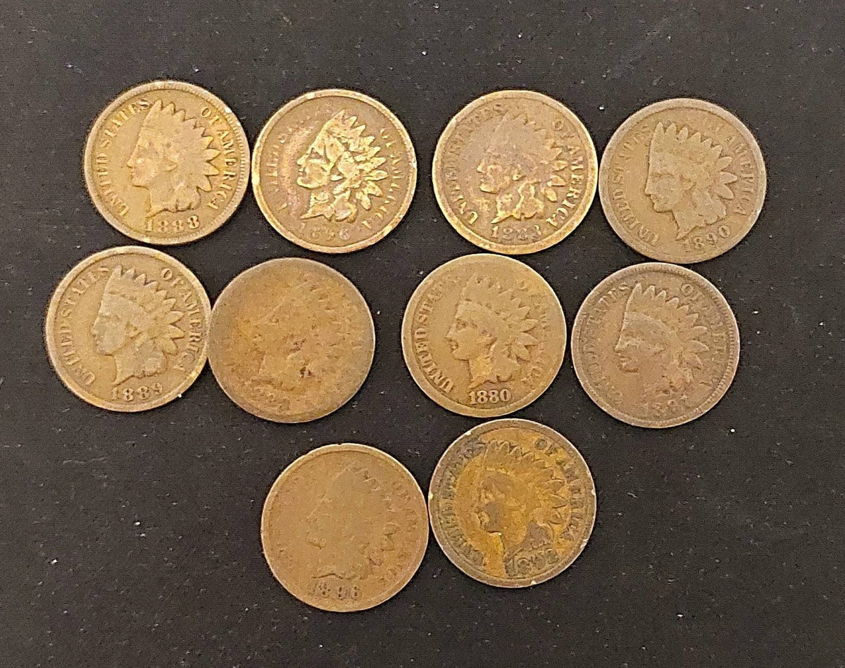 5 1800s date indian head penny set, you get 10 pre-1900s indian head cent coins, us coin collecting hobby