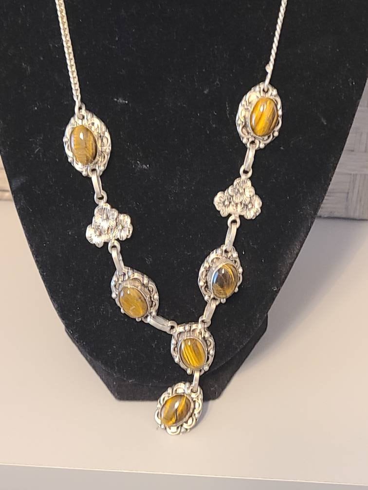 Large sterling silver, vintage women's tigers eye southwestern style necklace with lobster hook clasp. One of a kind!